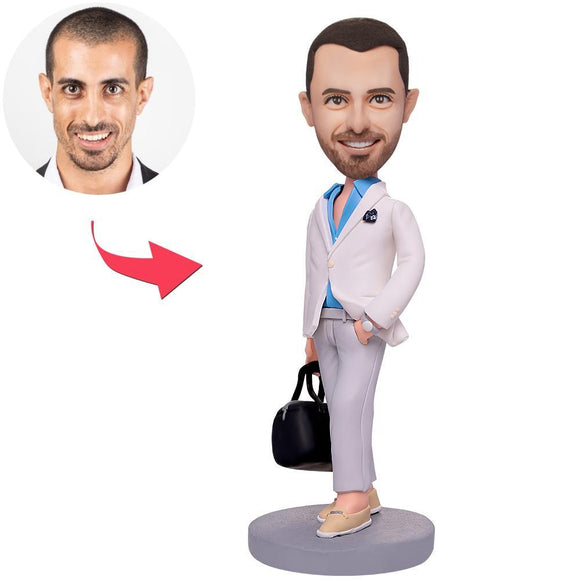 Stylish casual man carrying a custom Bobblehead bag with text engraved