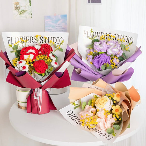 Crochet Flowers Bouquet Handmade Knitted Carnation Bouquet with Light Strip Gift for Her - bestcustombobbleheads