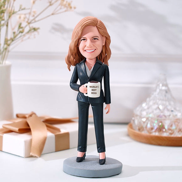 Female Business Christmas Gift Custom Bobblehead Gift World's Best Boss Holding A Water Glass - bestcustombobbleheads
