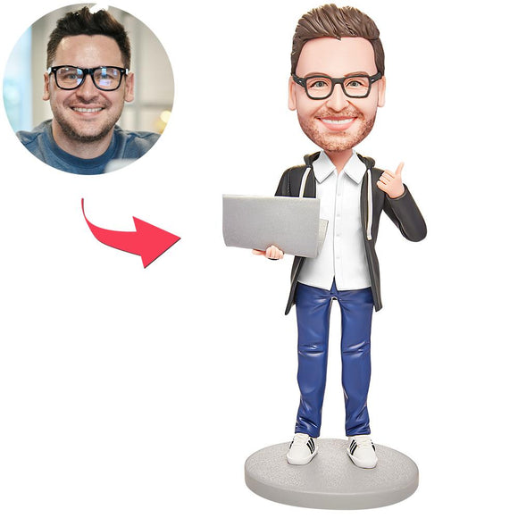 Business Gift Male Software Engineer with Computer Custom Bobblehead Engraving with Text