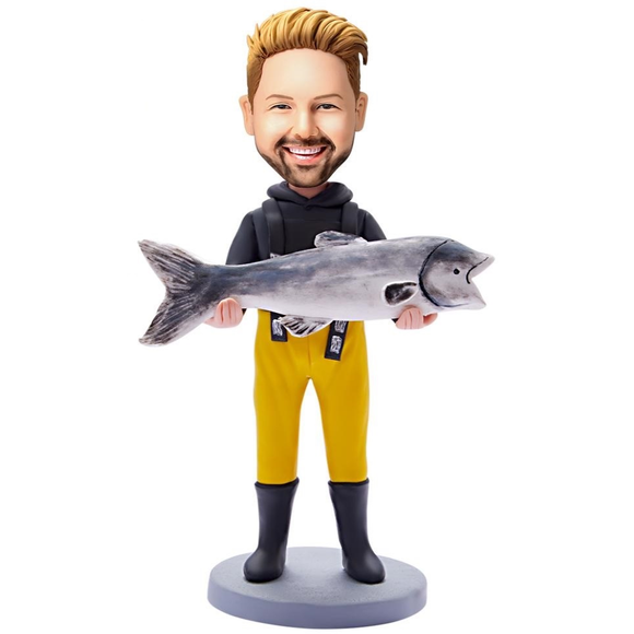 Custom Bobblehead Holding Fish Man With Engraved Text