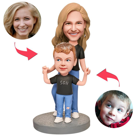 Mothers Day Gift Mother and Son in Black Shirts Custom Bobblehead with Engraved Text