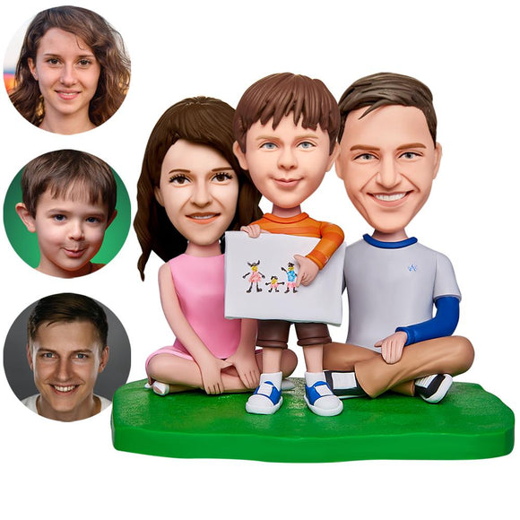 Family of Three Sitting Custom Bobblehead With Engraved Text - bestcustombobbleheads