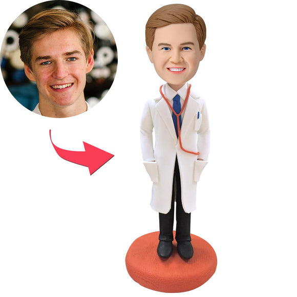 Doctor with Bobblehead Custom Lab Coat with Embossed Text