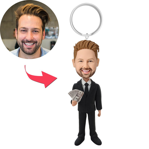 Custom Bobblehead Male Executive In Black Suit Money Necklace With Customized Keychain With Engraved Text