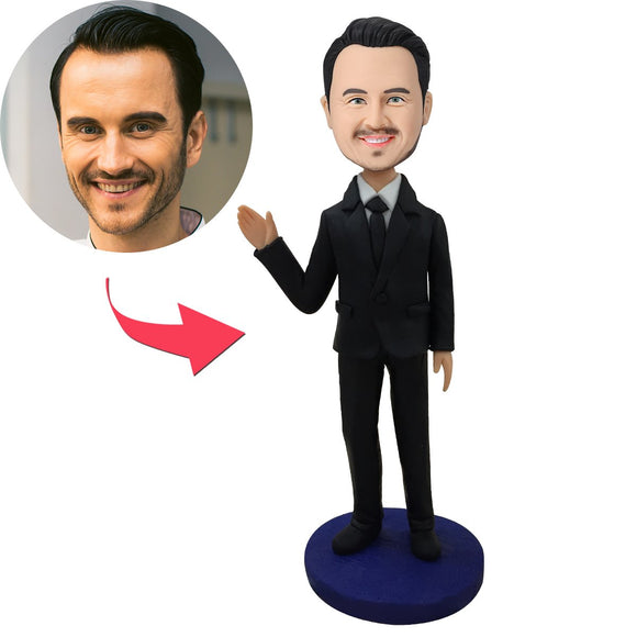 Custom Bobblehead executive in a black suit waving his hand on demand with embossed text