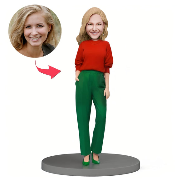 Christmas Gift Custom Bobble Head Woman Wearing Red and Green Christmas Fashion Suit - bestcustombobbleheads