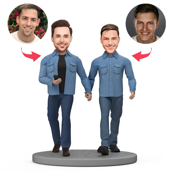 Custom Bobble Head Gay Couple Wearing Couple's Clothes and Holding Hands While Shopping - bestcustombobbleheads