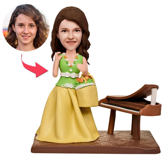 Female Pianist Standing by Piano Custom Bobblehead With Engraved Text
