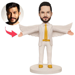 Male White Suit with Wings Custom Bobblehead With Engraved Text
