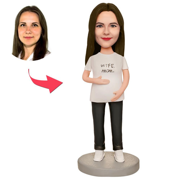 Mother's Day Gift Pregnant Woman in White T-shirt  Custom Bobblehead with Engraved Text
