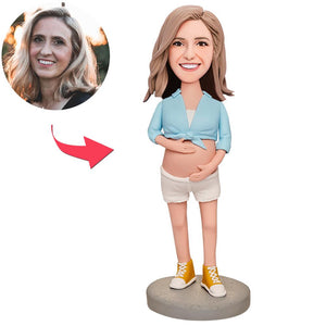 Mother's Day Gift Pregnant Woman in Blue Custom Bobblehead with Engraved Text