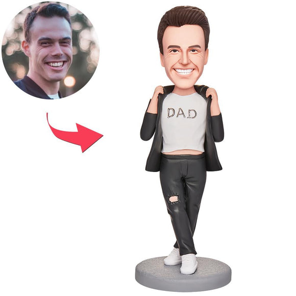 Father's Day Gift Dad in Black Suit Custom Bobblehead with Engraved Text