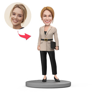Office Lady Beige Jacket with Black Pants Custom Bobblehead with Engraved Text