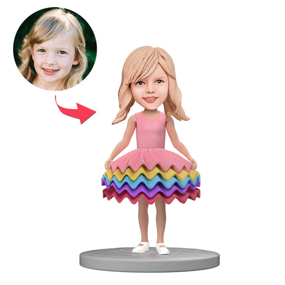 Cute Little Girl in Colorful Skirt Custom Bobblehead With Engraved Text