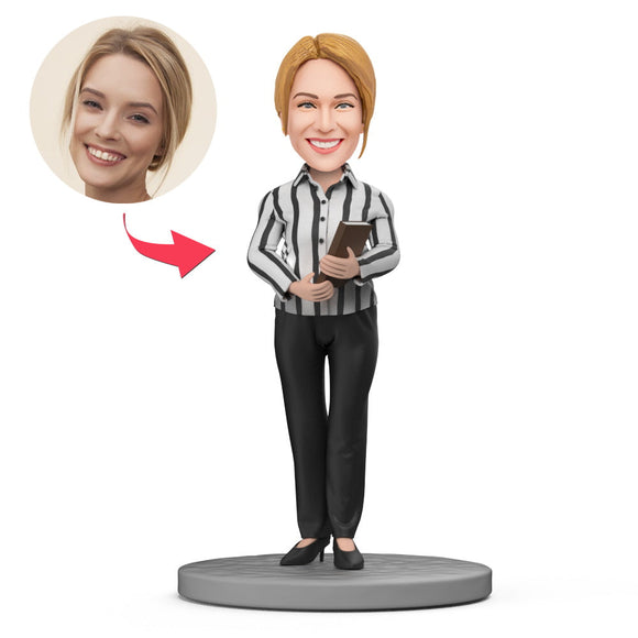 Female Teacher in Striped Shirt Custom Bobblehead With Engraved Text