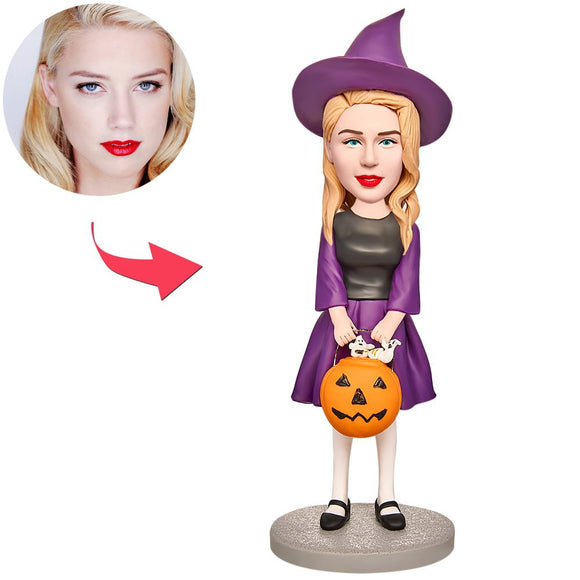 Halloween Gift Little Witch with Jack-O-Lantern Custom Bobblehead with Engraved Text - bestcustombobbleheads