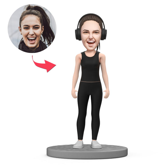 Girl in Black Sportswear Custom Bobblehead With Engraved Text