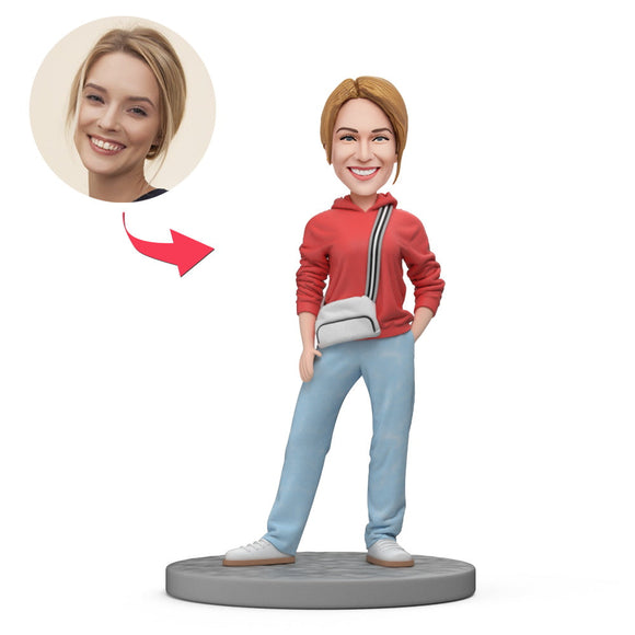 Casual Lady in Pink Top and Jeans Custom Bobblehead With Engraved Text
