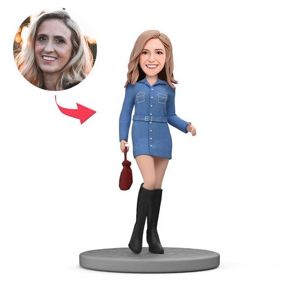 Fashion Lady in Denim Skirt and Black Boots Custom Bobblehead With Engraved Text