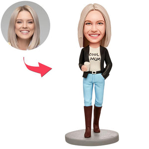 Cool Mom with Coffee Custom Bobblehead With Engraved Text