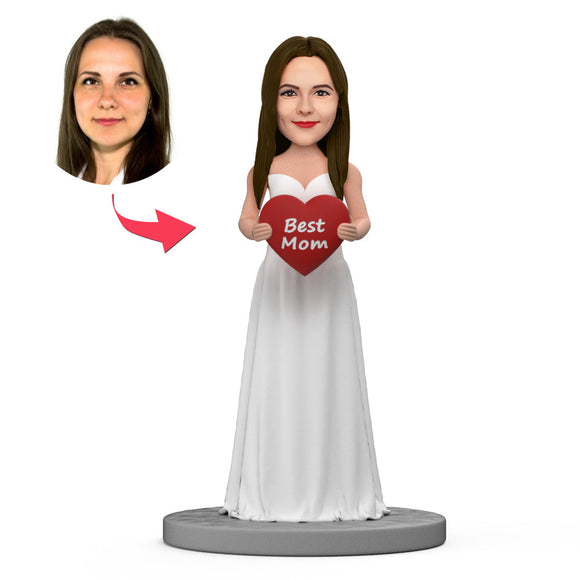 Mother's Day Gift White Long Dress Best Mom Custom Bobblehead With Engraved Text