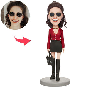 Red Top and Black Skirt Best Mom Custom Bobblehead With Engraved Text