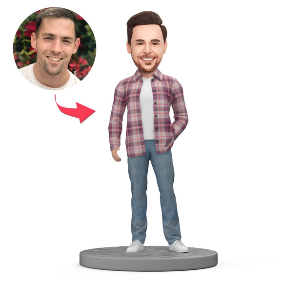 Custom Bobblehead Casual Men in A Plaid Shirt With Text - bestcustombobbleheads