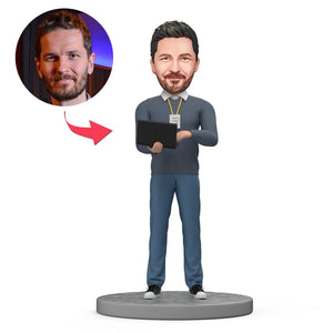 Custom Bobblehead Software Engineer Holding Laptop and Showing Badge - bestcustombobbleheads