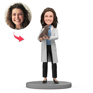Female Veterinarian With Pet in Her Arms Custom Bobblehead With Text - bestcustombobbleheads