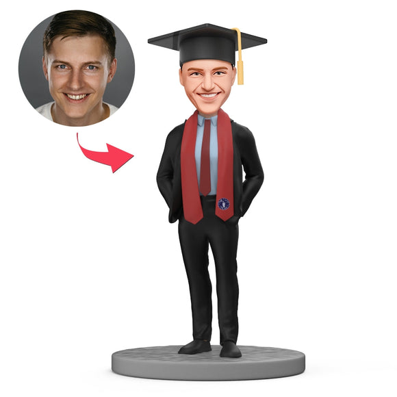 Custom Graduation Bobbleheads - Handsome Male Graduate in A Suit With Red(color can be changed) Graduation Stole - bestcustombobbleheads