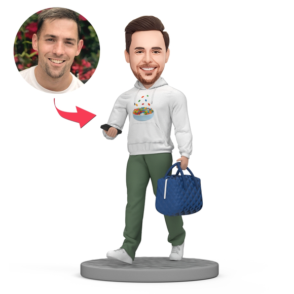 Custom Bobblehead Casual Man in A White Sweater and Holding a Handbag Bobblehead With Text - bestcustombobbleheads