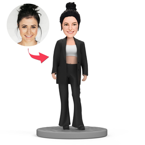 Modern Girl in Black Oversize Suit  Custom Bobblehead With Text - bestcustombobbleheads