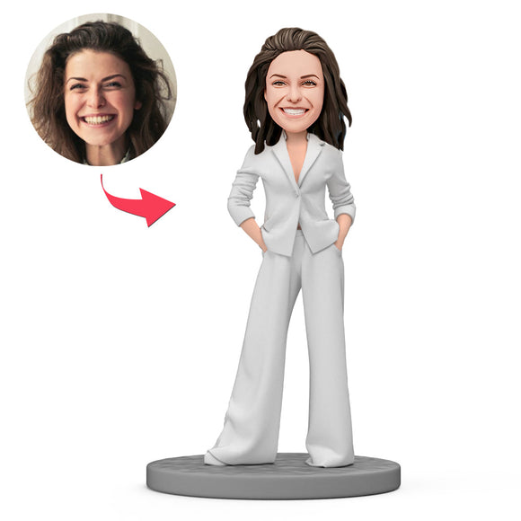 Gift For Her Custom Bobblehead Beautiful Woman Wearing Fashionable White Suit
