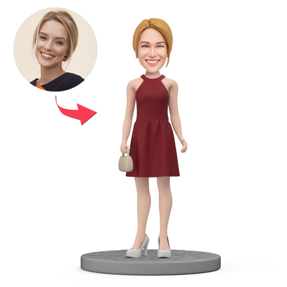 Custom Bobblehead Young Lady in Red Dress Gift For Her - bestcustombobbleheads
