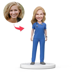 Custom Female Doctor Bobblehead in Blue Scrubs with Engraved Text National Doctor's Day Gift