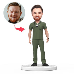 Custom Male Doctor Bobblehead in Green Scrubs with Engraved Text National Doctor's Day Gift