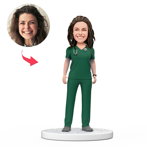Personalized Female Doctor Bobblehead in Green Scrubs with Engraved Text National Doctor's Day Gift
