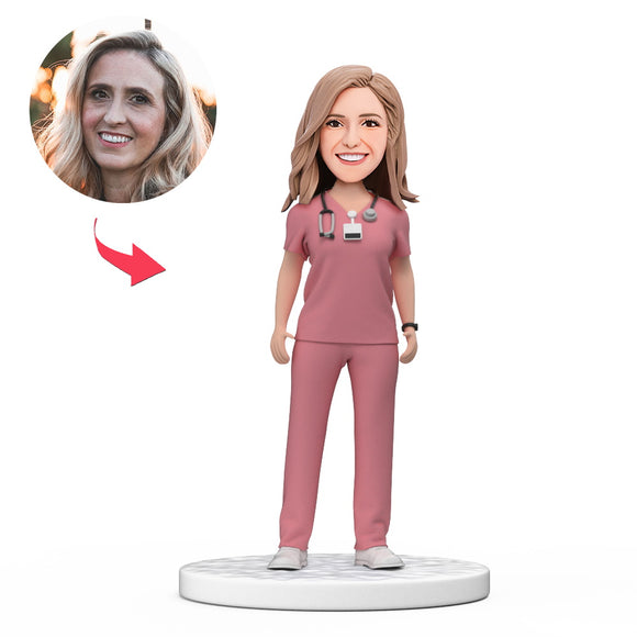 Custom Female Doctor Bobblehead in Pink Scrubs with Engraved Text National Doctor's Day Gift