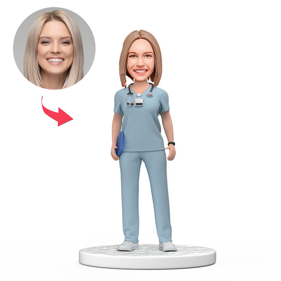 Custom Female Doctor Bobblehead in Light Blue Scrubs with Engraved Text National Doctor's Day Gift