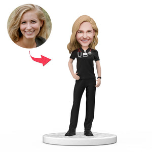 Custom Female Doctor Bobblehead in Black Scrubs with Engraved Text National Doctor's Day Gift