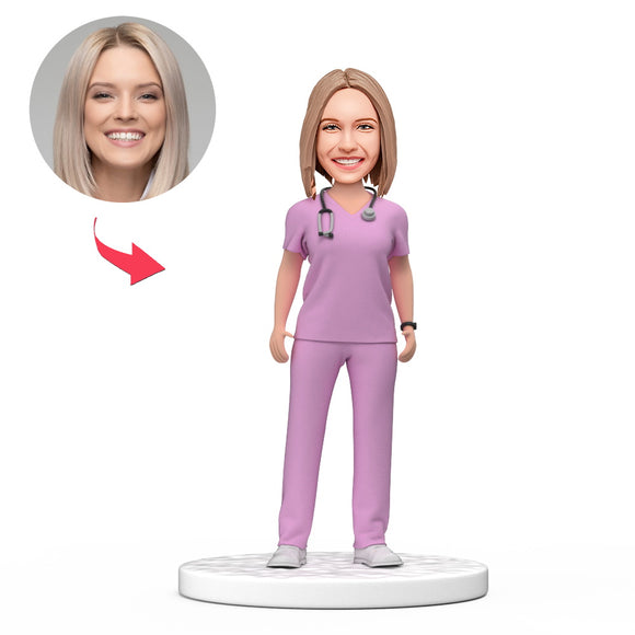 Custom Female Doctor Bobblehead in Purple Scrubs with Engraved Text National Doctor's Day Gift