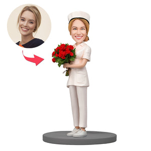 Gift for Nurse Custom Bobblehead Excellent Nurse Holding Flowers - bestcustombobbleheads