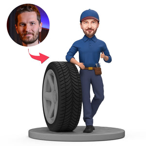 Custom Bobblehead Handsome Car Engineer, Car Mechanic Leaning on A Tire - bestcustombobbleheads