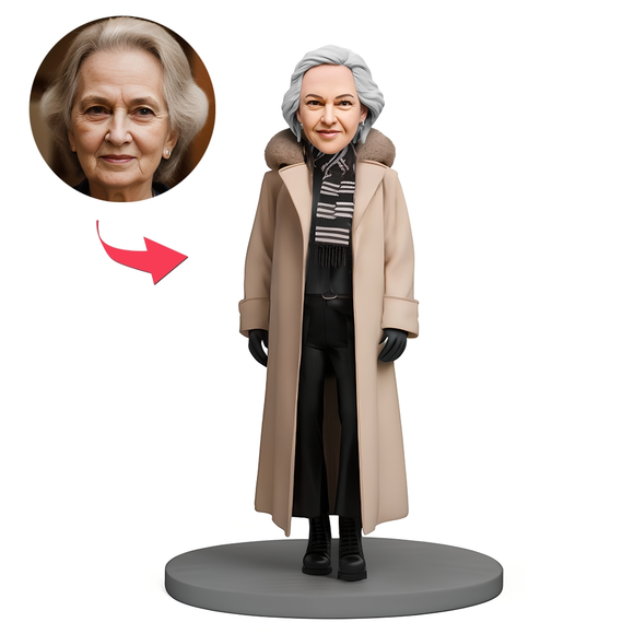 Custom Bobblehead Elderly Woman Wearing Stylish Long Coat - bestcustombobbleheads