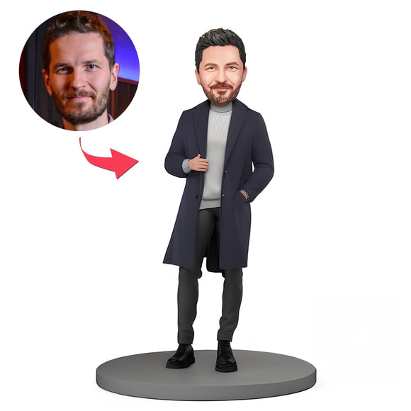 Custom Bobblehead Modern Man in Dark Blue Coat - bestcustombobbleheads