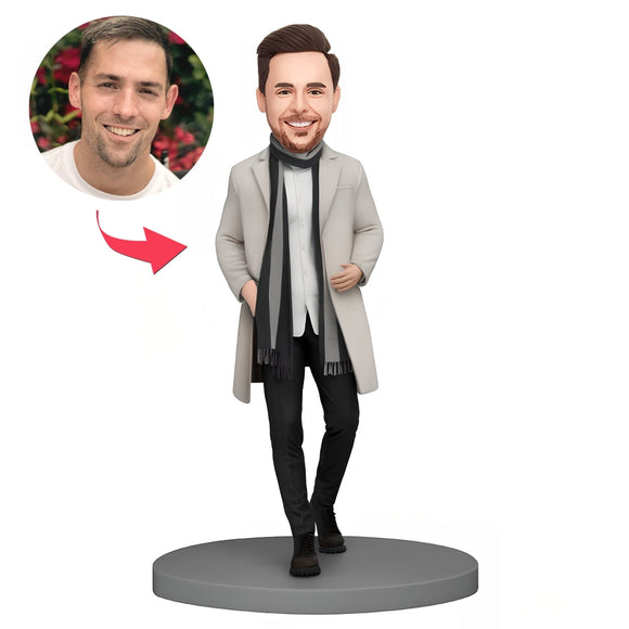 Custom Bobblehead Stylish Man in White Coat and Scarf - bestcustombobbleheads