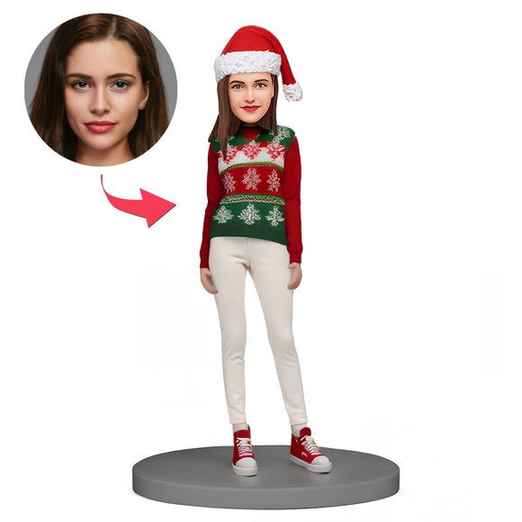 Christmas Gift for Her Custom Bobble Head Stylish Woman Wearing Christmas Sweater - bestcustombobbleheads