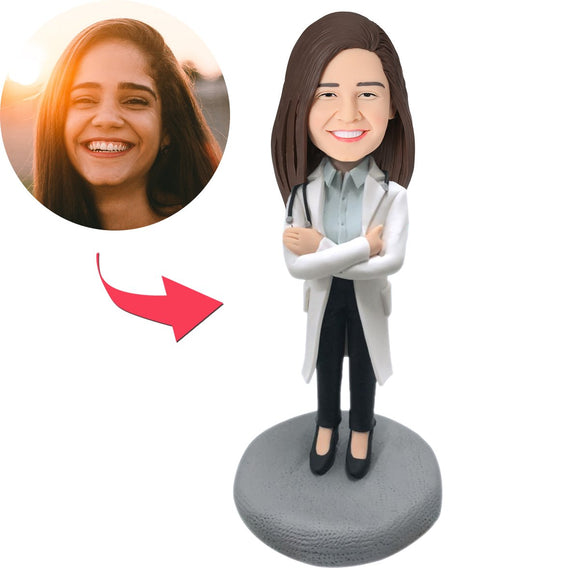 Custom Bobblehead Female Doctor In Lab Coat With Customized Stethoscope With Embossed Text