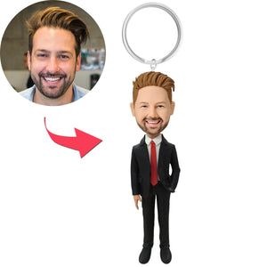 Custom Executive Bobblehead Male In Custom Red Tie With Customized Keychain With Engraved Text